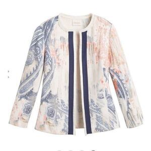 Chico's Watercolor Jacket Cream Paisley Fringe Open Front Woven XL sz 3 Boho Art